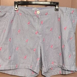 crown & ivy Blue Striped Shorts with Pink Flamingos